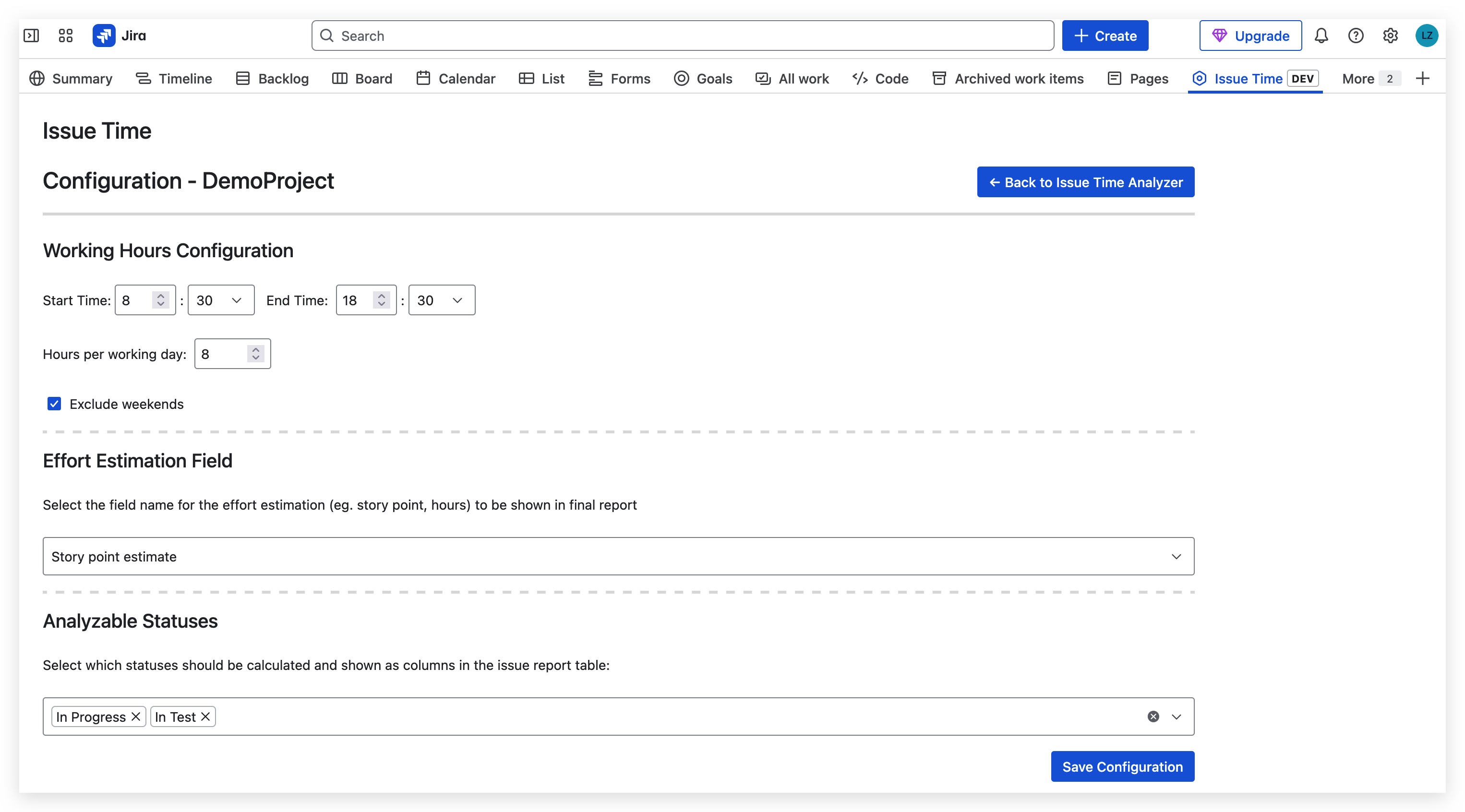 Configuration page