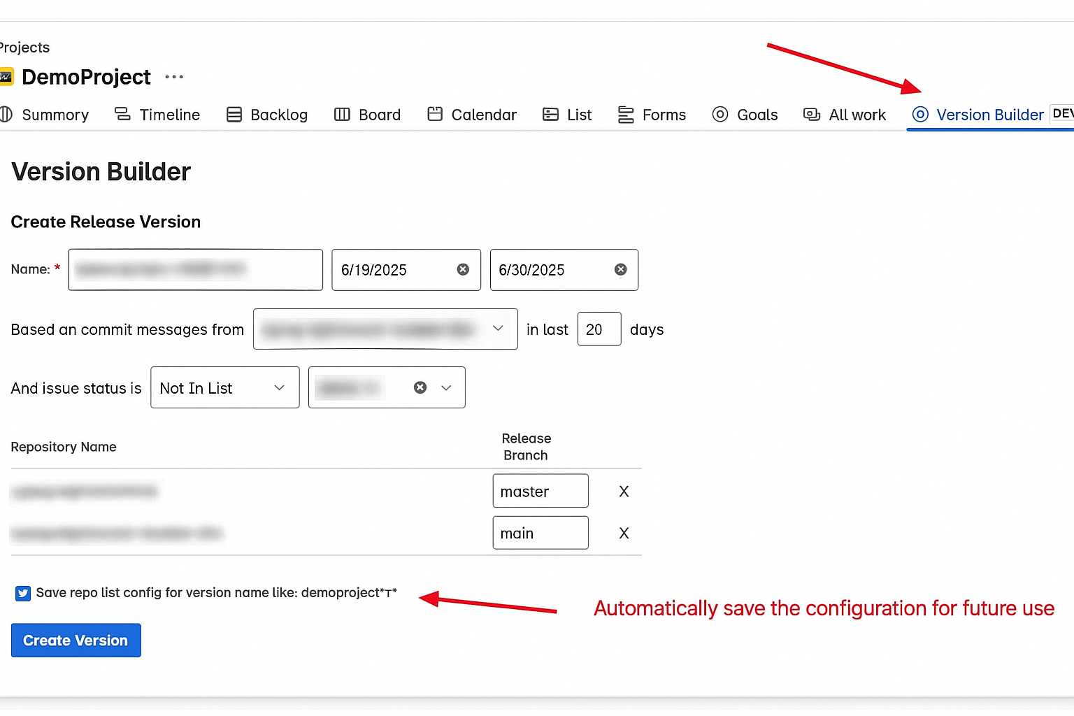 Create Version Interface